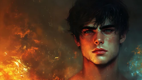 Fiery gaze of elemental youth amid swirling embers.