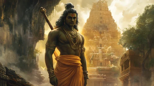 Warrior figure stands before ancient stepped temple structure