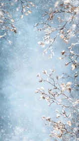 Snow covered winter branches on blue textured background.