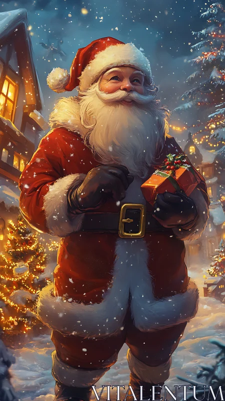 Santa stands in a snowy village, glowing with festive cheer