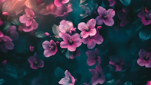 Pink Flowers Against Teal Darkness.