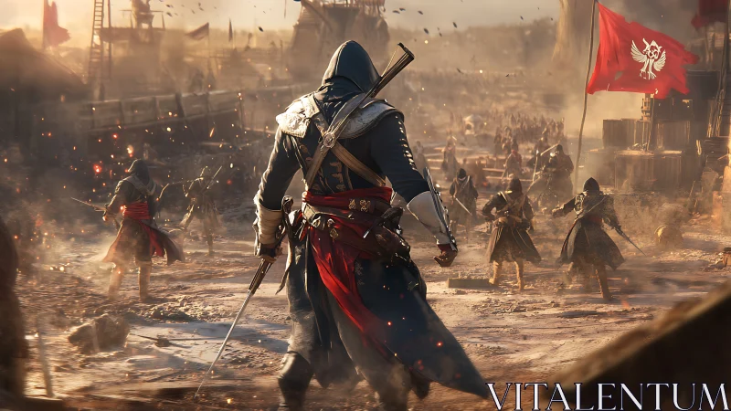 Hooded swordsman strides into a blazing battlefield of rogues.