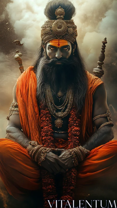 Storm-eyed ascetic king sits crowned in molten saffron fire.