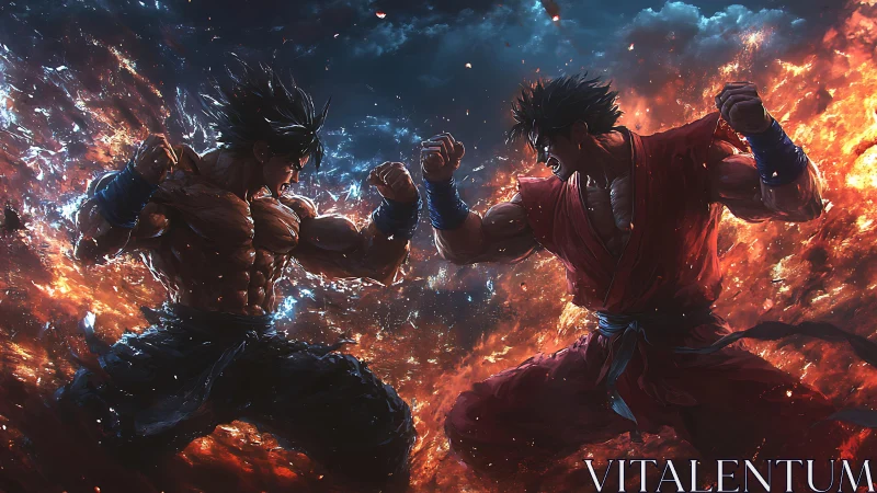 Two muscular warriors clash amid explosive fiery storm