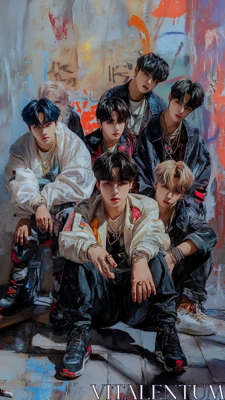 Streetwear boy band pose against vivid graffiti wall backdrop.