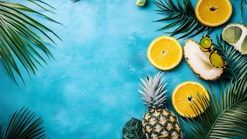 Tropical fruits and palm leaves surround textured blue surface