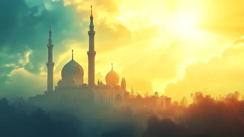 Mosque silhouette under bright sun and dense golden sky.