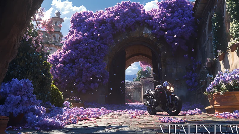 Midnight motorbike waits beneath a storm of violet petals