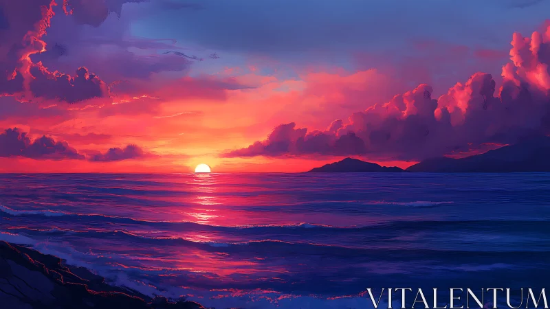 Vibrant digital seascape captures a hyper-saturated sunset horizon