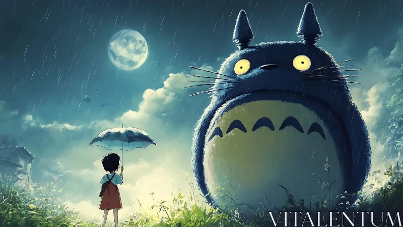 Girl with umbrella facing giant forest spirit in rain