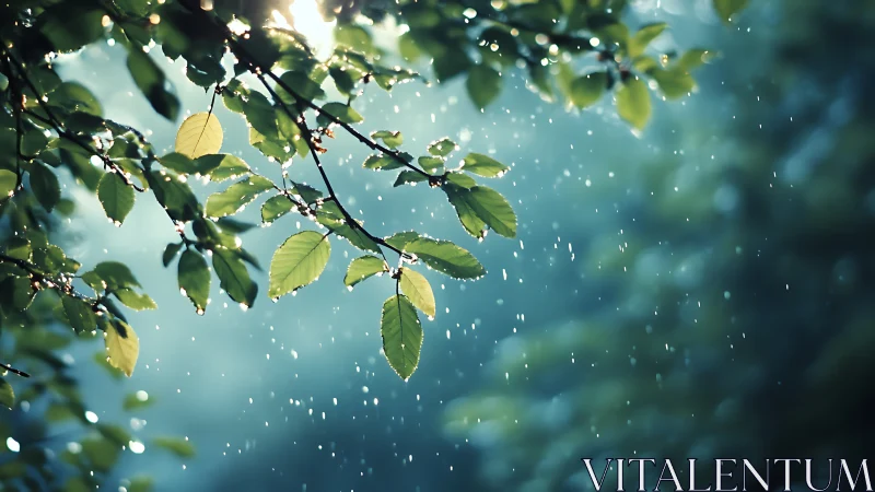 Backlit green leaves capture falling raindrops in shallow focus