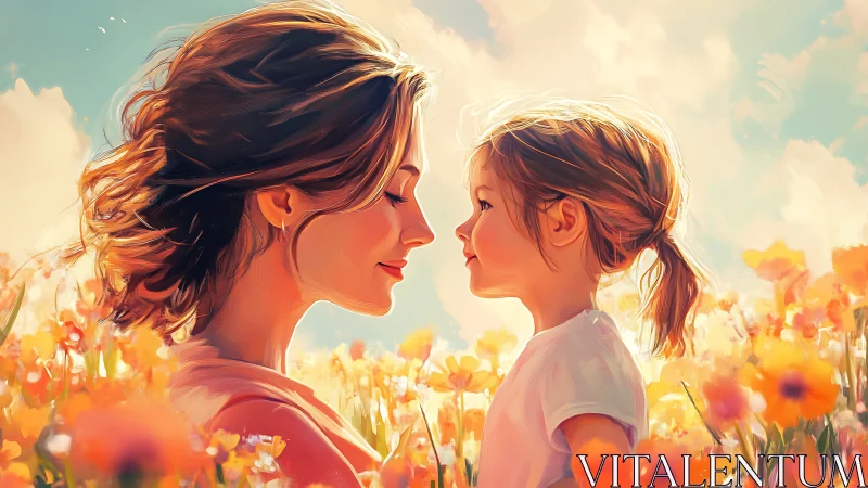 Sunlit mother and child share a tender moment in flowers