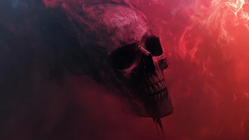 Eroded skull emerges from crimson smoke in haunting void