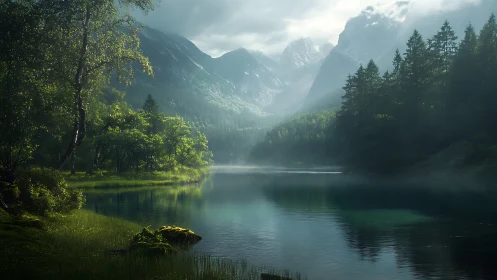 Misty mountain lake with dense evergreen forest reflection.