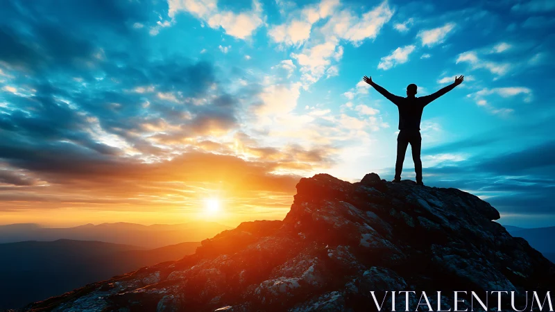 Silhouette on rocky summit against high-contrast sunrise sky