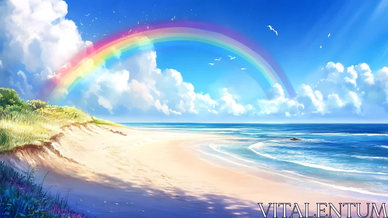 Coastal shoreline under rainbow arc and scattered seabirds.