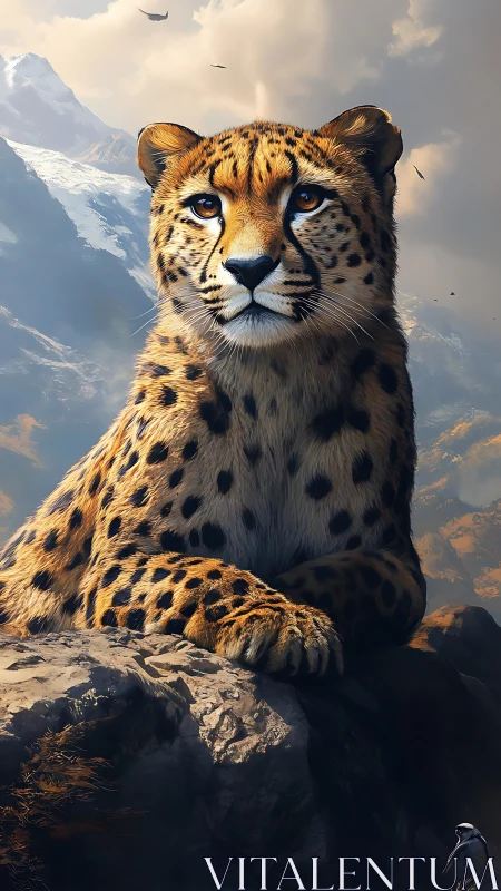 High-altitude Cheetah Portrait Within Alpine Mountain Landscape.