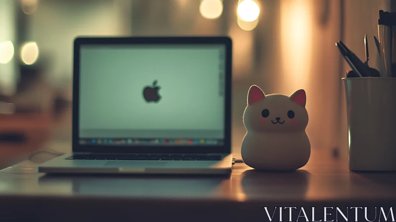 Cozy laptop workspace pairs with cute cat desk accessory.