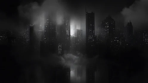 Shrouded noir metropolis with fog-draped skyscraper silhouettes.