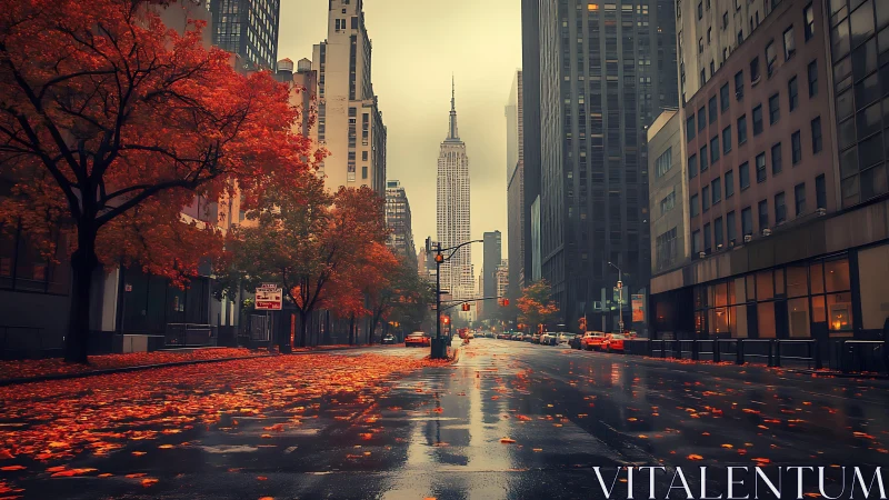 Autumn rain crowns the quiet Manhattan canyon with ember leaves.