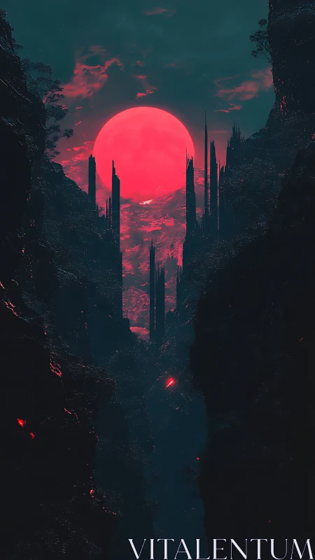 Crimson alien moon rises beyond jagged monolithic spires