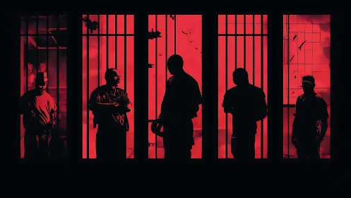 Silhouetted prisoners behind red backlit prison bars.