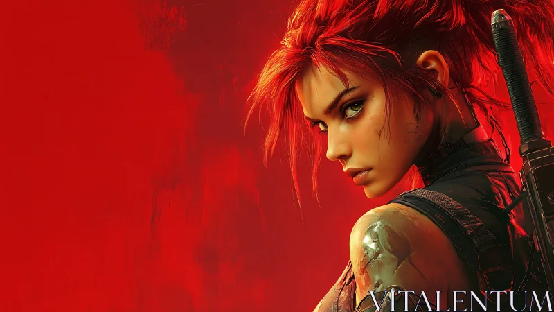 Red haired cyberpunk warrior with sword on red backdrop.