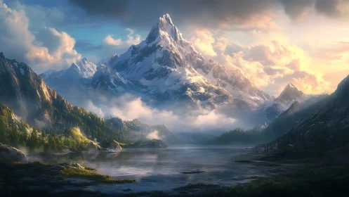 Sunlit alpine peak rises over tranquil reflective lake valley