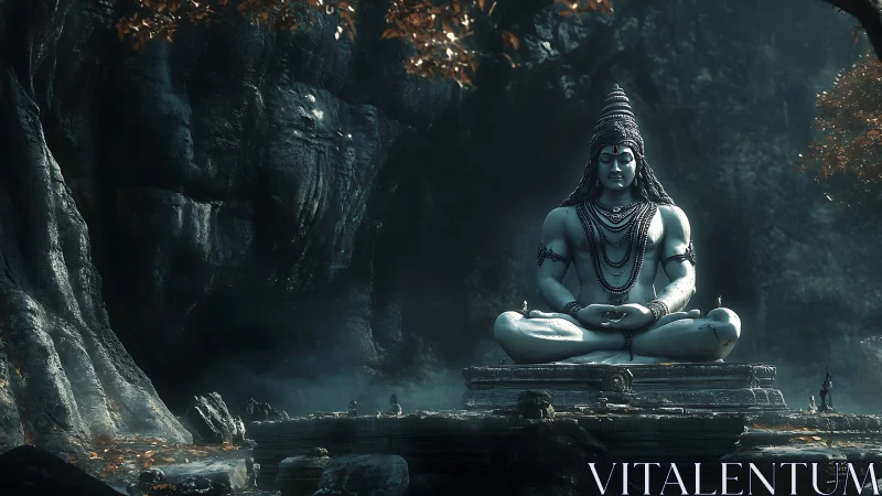 Colossal meditative deity statue in misty forest temple.