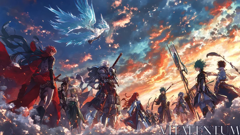 Skyborne heroes gather beneath a blazing seraphic phoenix.