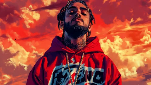 Crimson clouds crown a bold street poet in blazing hoodie