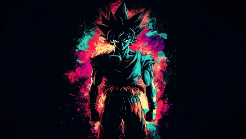 Neon silhouette of anime warrior on dark abstract background.