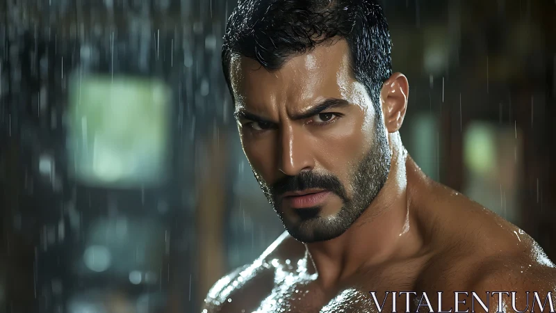 Wet muscular male portrait with intense gaze under rainfall