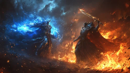 Armored fire and ice warriors confront each other in battle