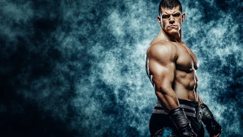 Muscular boxer poised against dramatic smoky backdrop.