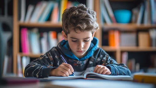 Boy Writing in Notebook at Desk. Educational Focus in Library.
