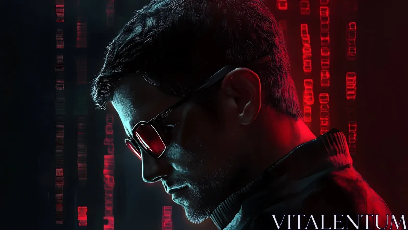 Silhouette hacker in neon red code rain, lost in data storm.