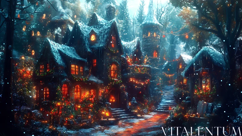 Snow covered village street with lit cottages at night.