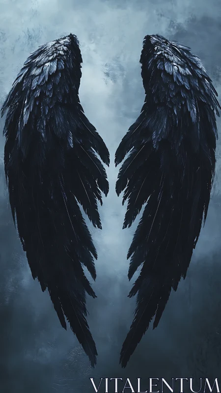 Dark feathered wings on misted blue-grey background.
