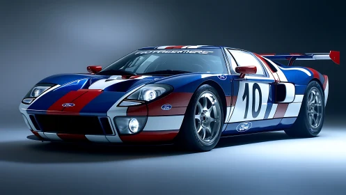 Photorealistic Ford GT race car in tri-color livery under studio light.