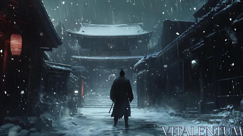 Lone samurai in snowbound Edo street before distant temple gate