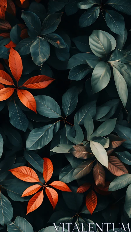 Moody foliage pattern with teal and orange tropical leaves.