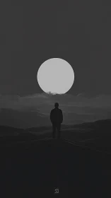 Silhouette figure facing full moon above layered hills.