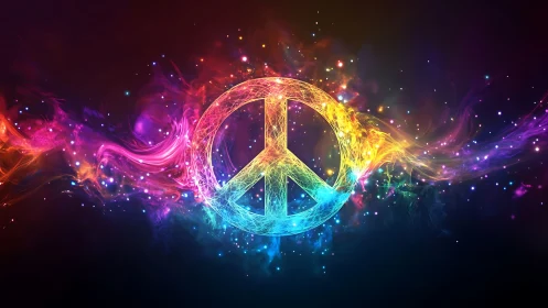 Multicolored luminous peace symbol on dark abstract field.