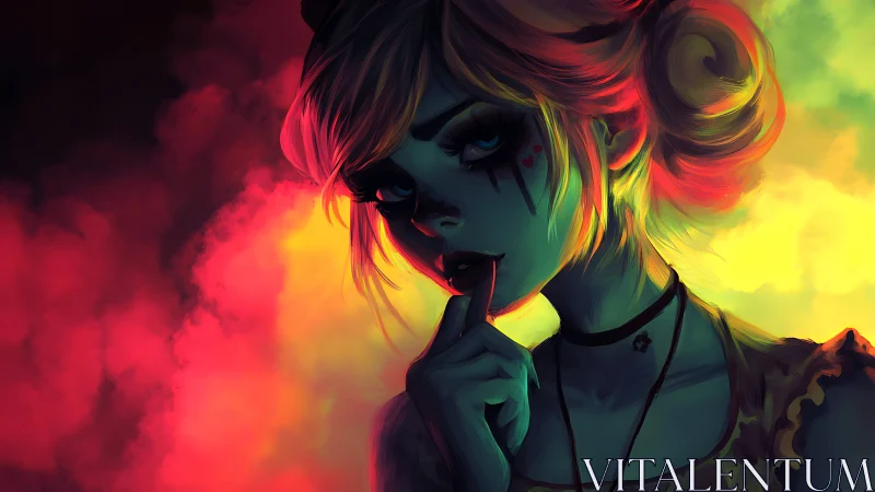 Neon night muse with playful mischief in her gaze.