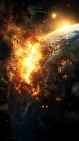 Cinematic 3D rendering of apocalyptic asteroid impact event.