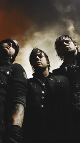 Storm-lit rock trio staring down the world in shadowed fire.