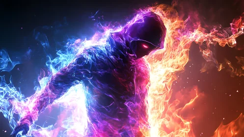 Hooded ember-walker strides between twin storms of fire