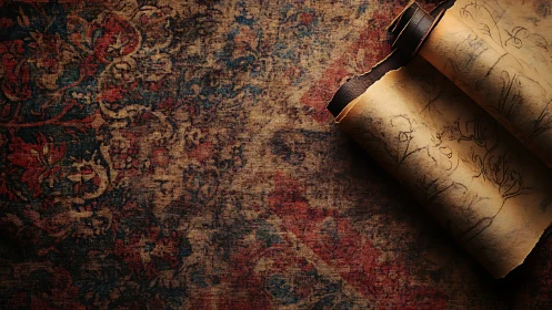 Aged floral parchment scroll on distressed woven tapestry