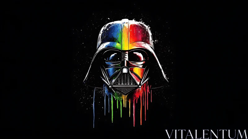 Chromatic masked helmet portrait with dripping neon strokes.